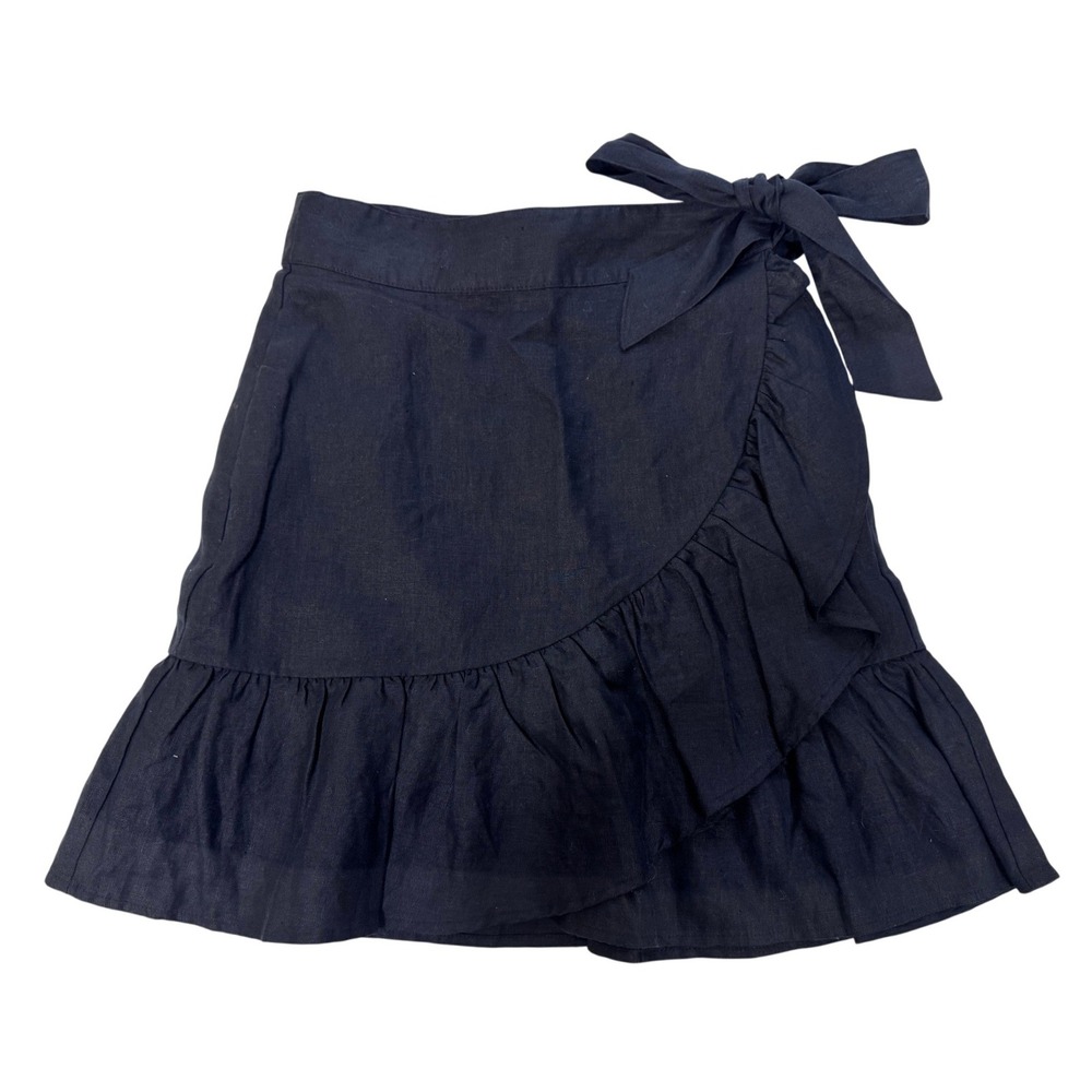 Gap Black 100% Linen Ruffle Faux Wrap Mini Skirt XS Petite Tie Waist Summer